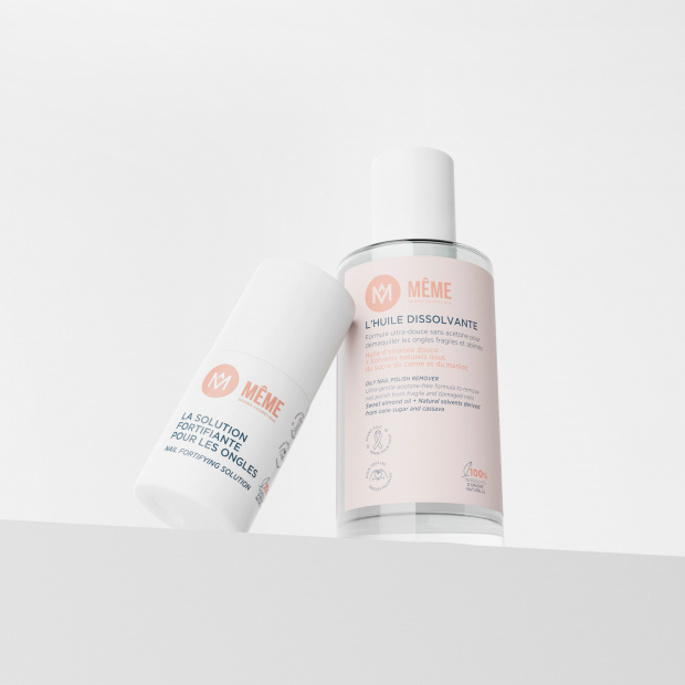La solution fortifiante et l'huile dissolvante prennent soin de vos ongles fragilisés par les traitements - MÊME Cosmetics